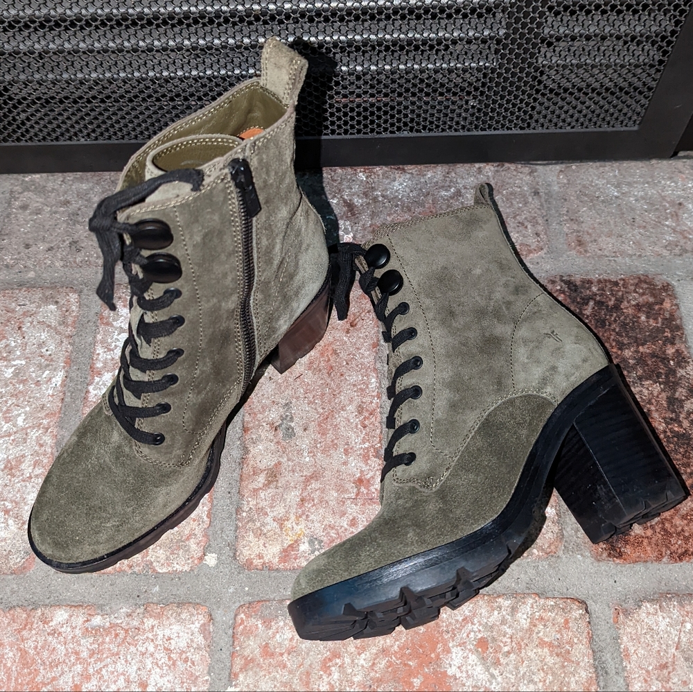 Frye Myra Lug Combat Suede Lace-up Zip Mid Heel Bootie in Olive Green size 8